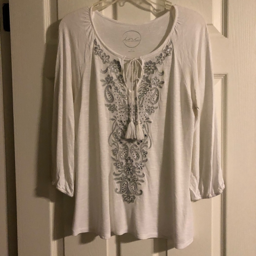 Inc White embroidered beaded peasant top, L